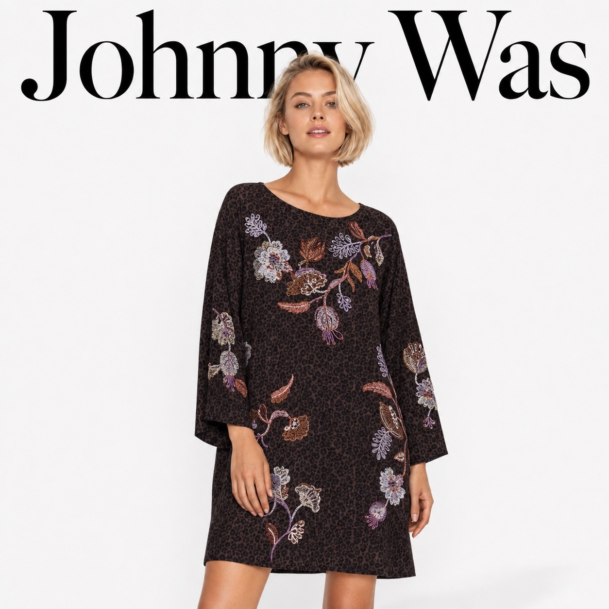 Johnny Was Brown Kimono Sleeve Swing Dress R30725-8 Gineva L
